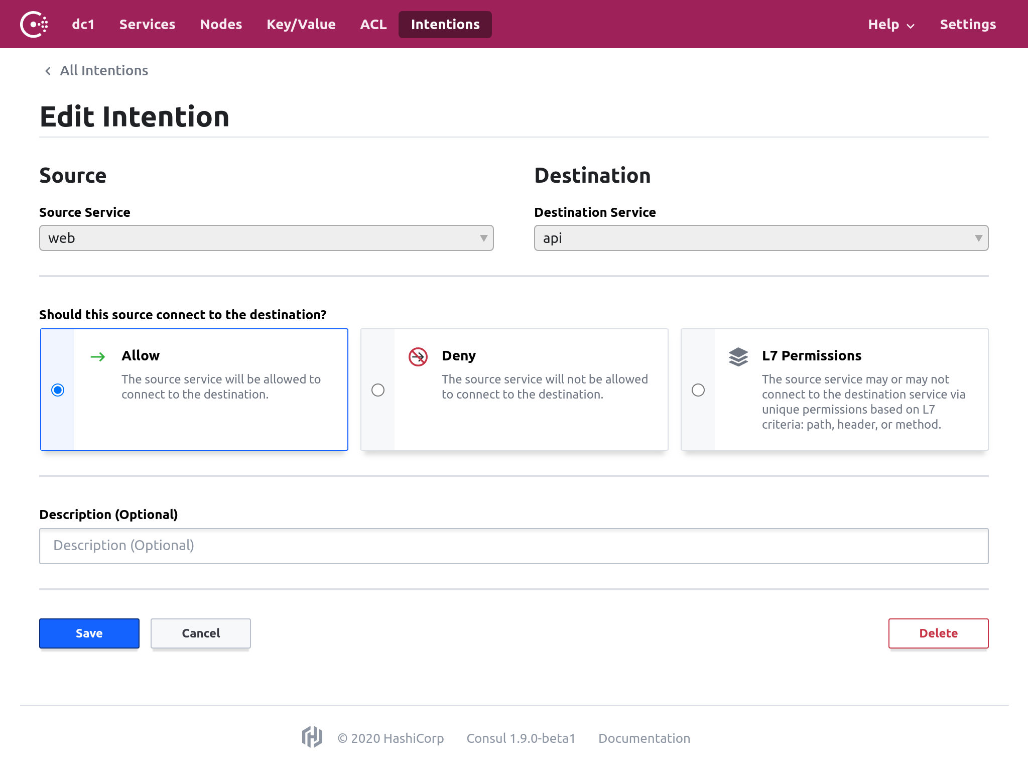 Consul UI showing creation for one intention for web>api