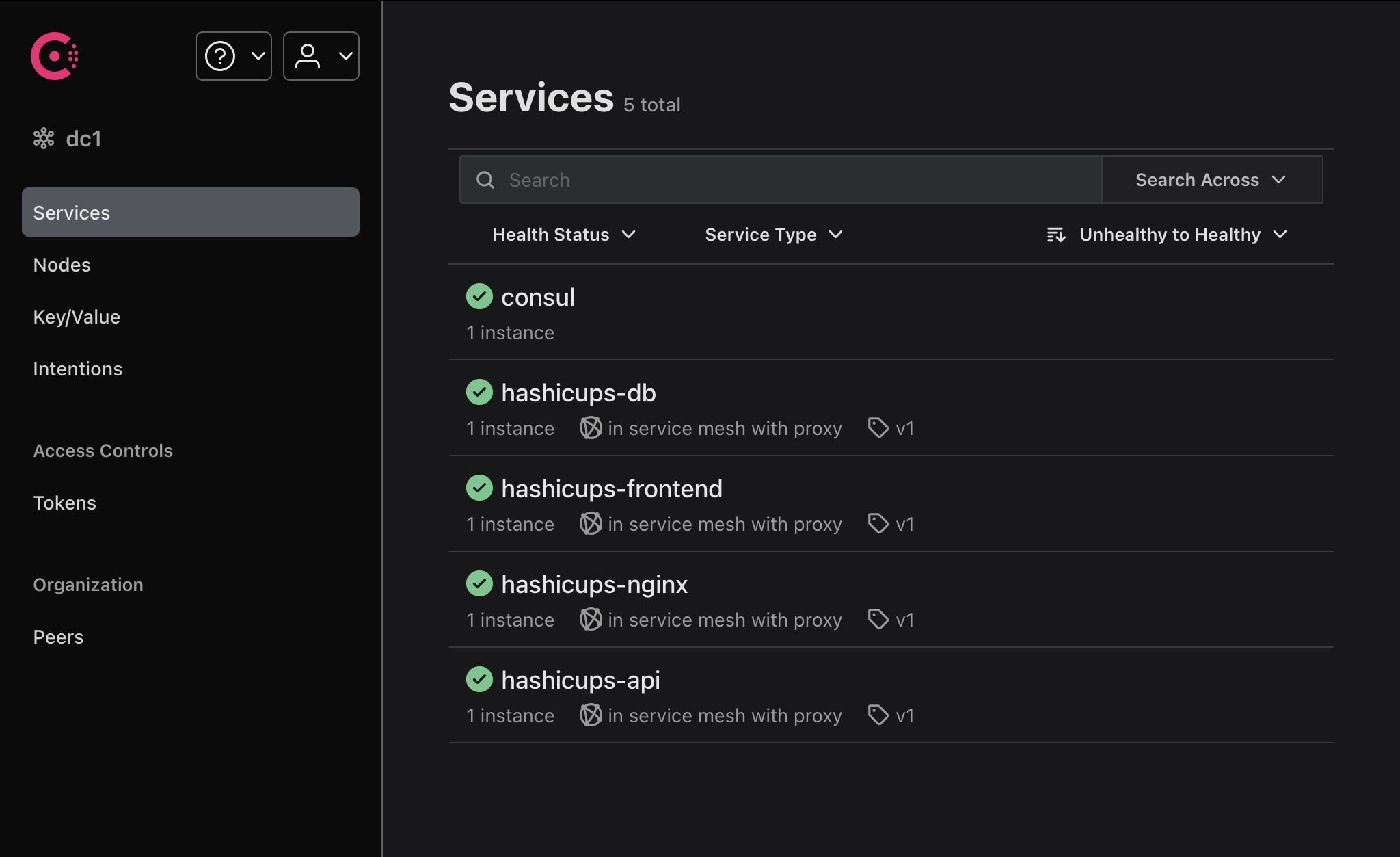 Services page with HashiCups in service mesh