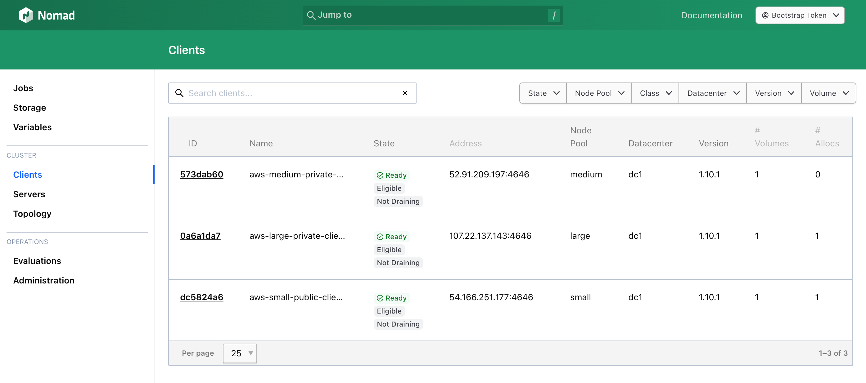 Nomad UI showing all three clients (including the new medium client)