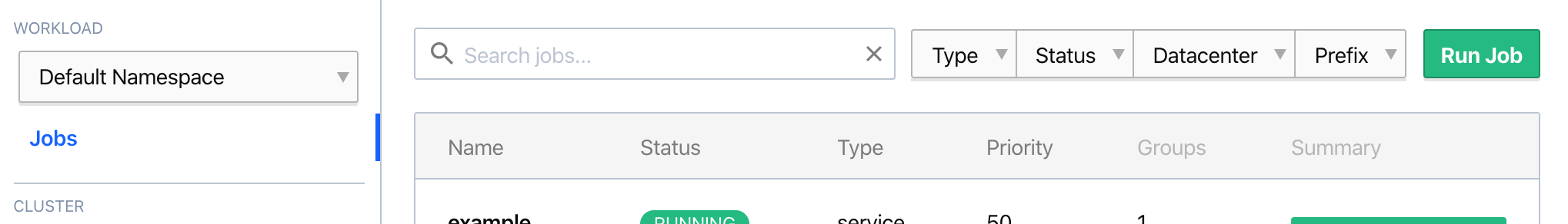 An image of the Nomad UI showing the location of the namespace drop-down.
The drop-down is open showing the "Default Namespace" option and an option for a
"web-qa" namespace.