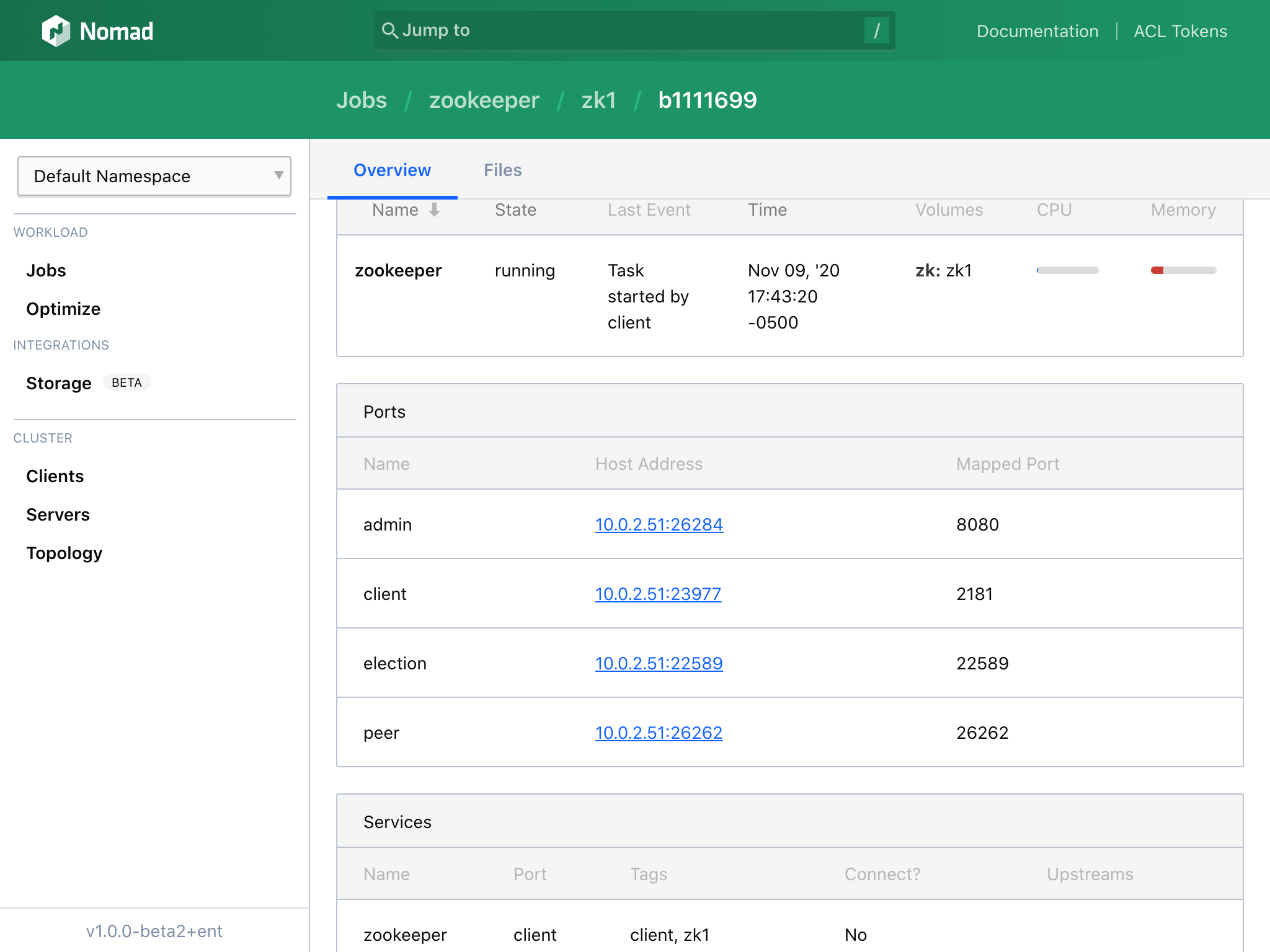 Image of the Nomad UI scrolled down to the ports table, showing the ports for the zookeeper allocation