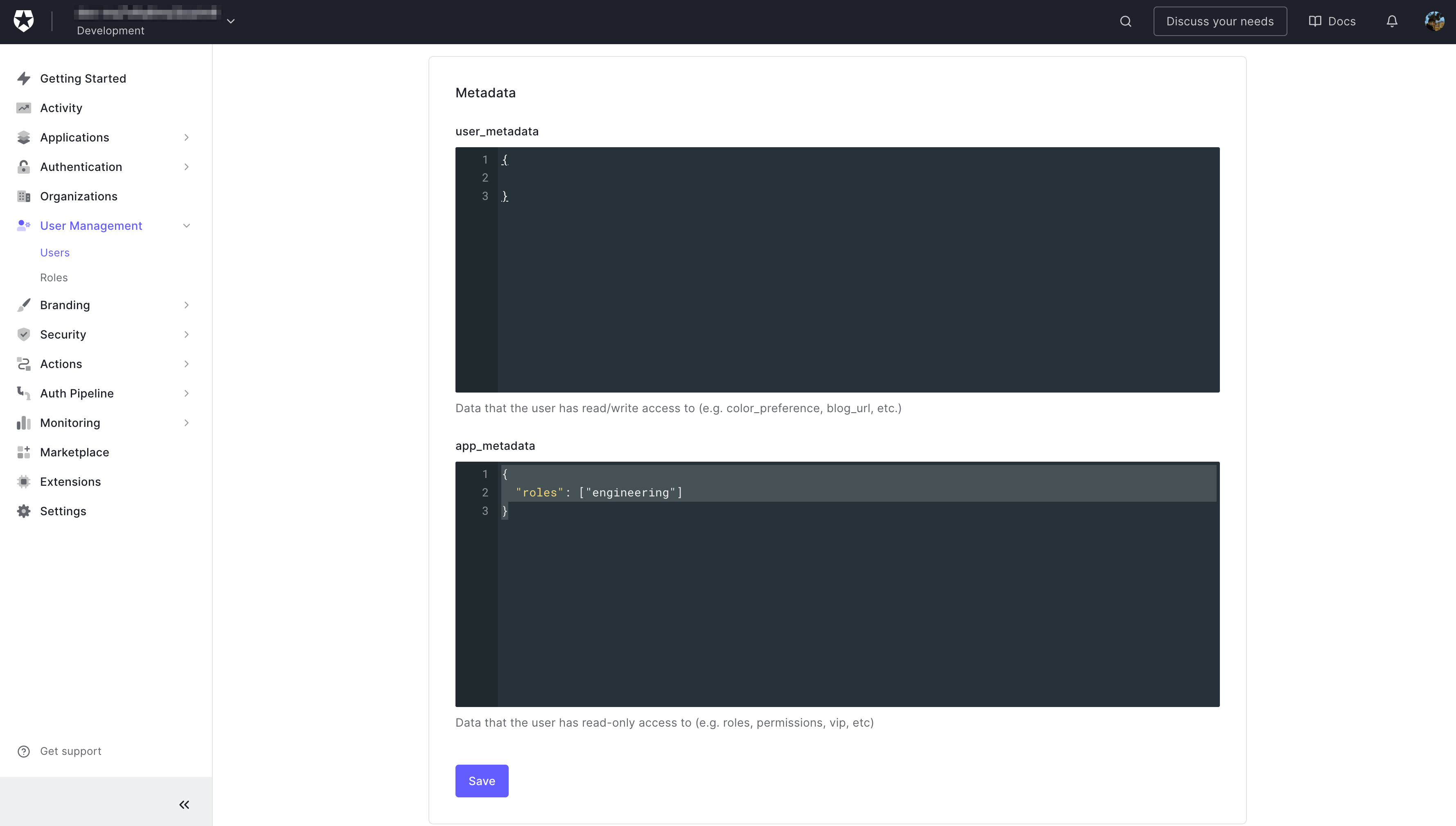 Auth0 UI configure user metadata