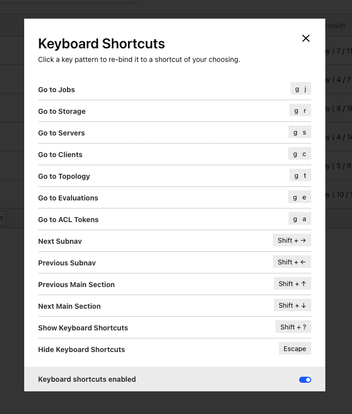 Web UI keyboard shortcuts | Nomad | HashiCorp Developer