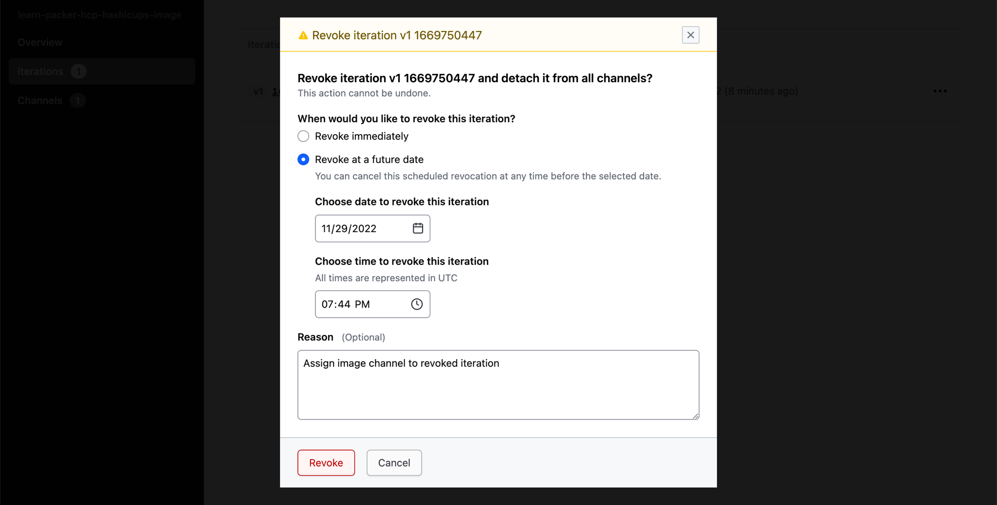 Schedule a revocation for the first iteration one minute from current time