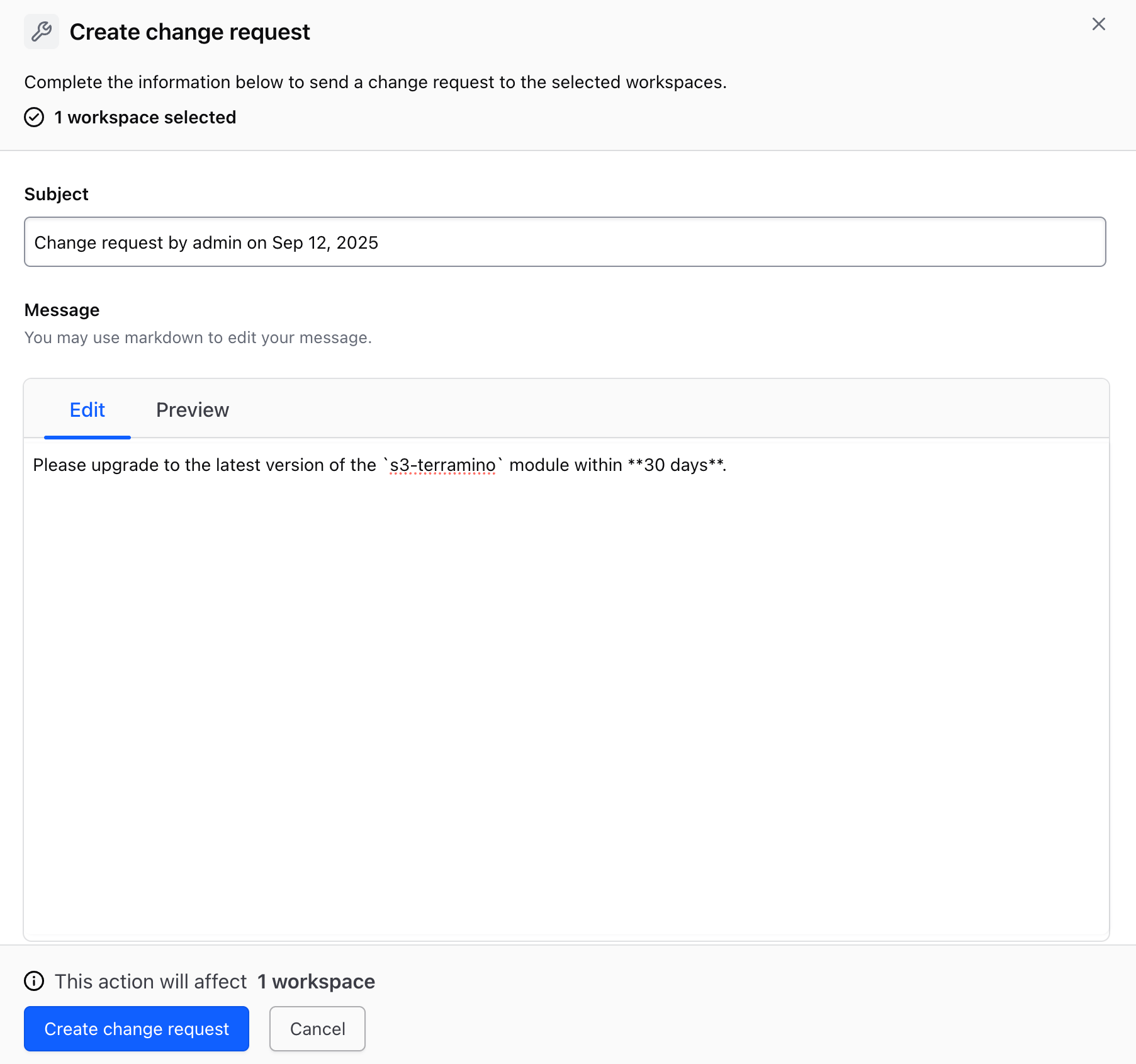 HCP Terraform prompts the user to enter a subject and message for a new change request