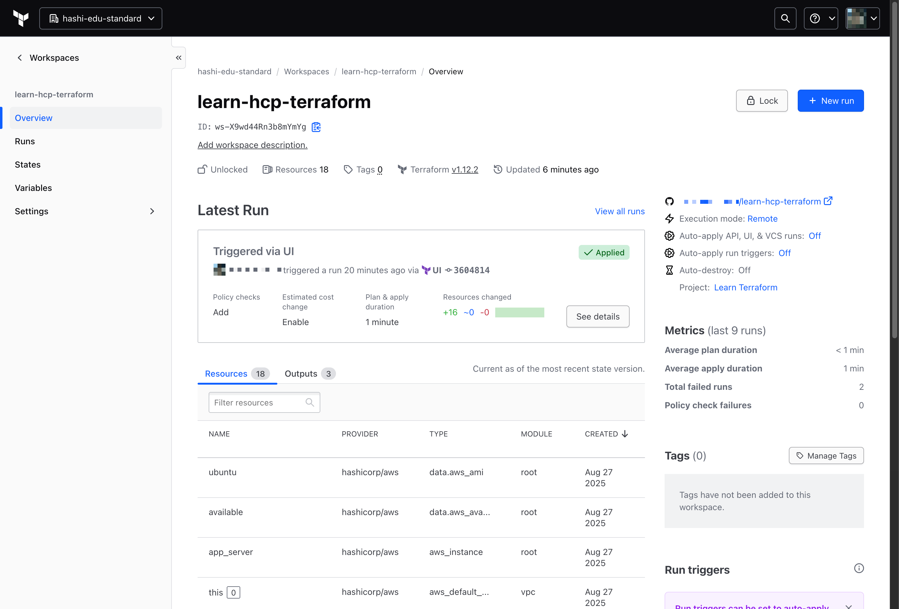 An overview of the workspace listing all of the resources and outputs created