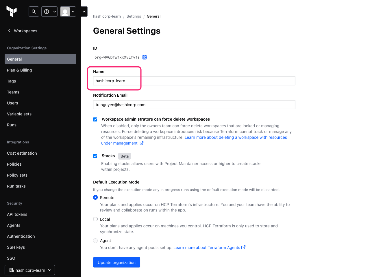 HCP Terraform General Settings page with organization name highlighted