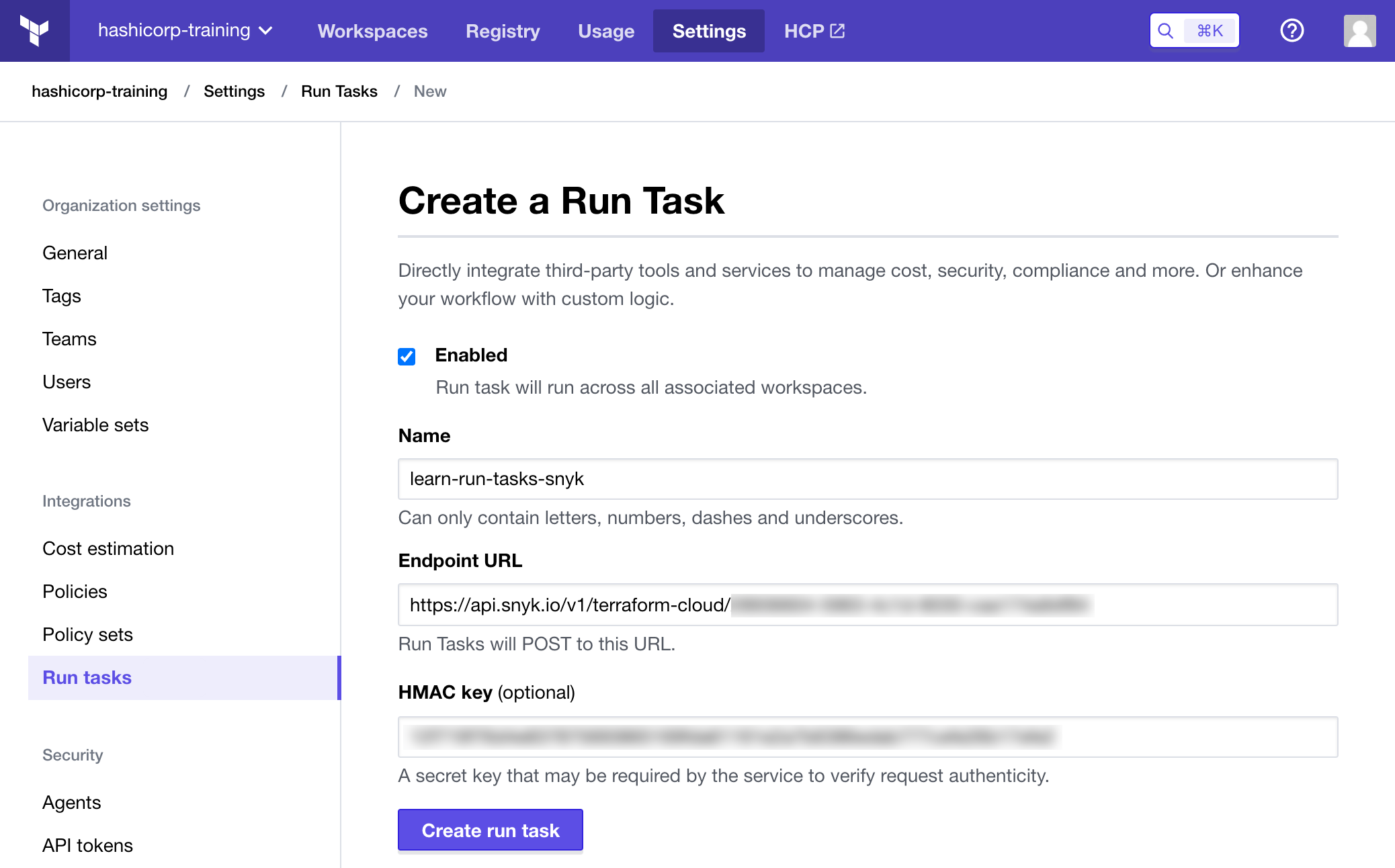 Configure Terraform Cloud Snyk run task