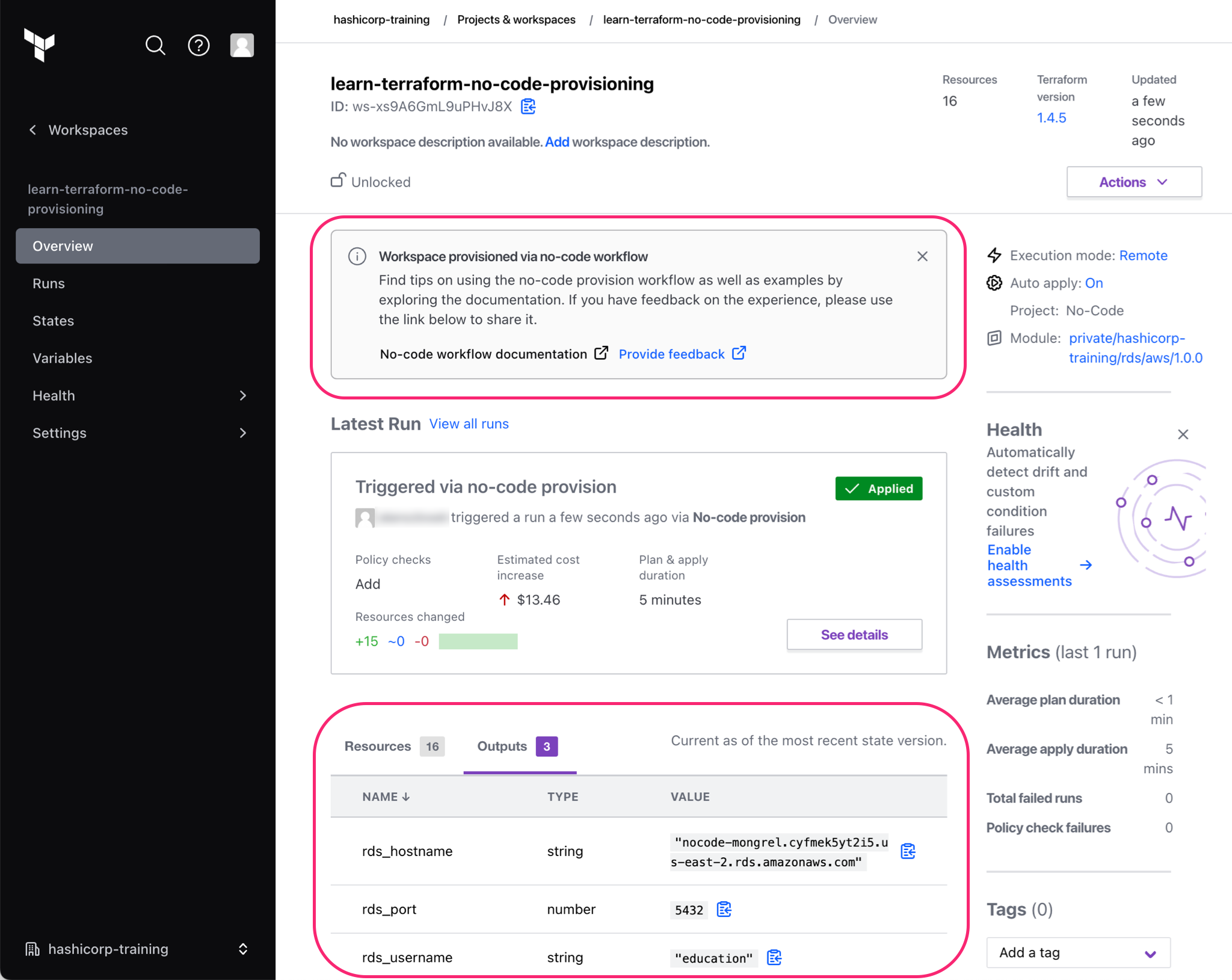 No-code workspace in Terraform Cloud