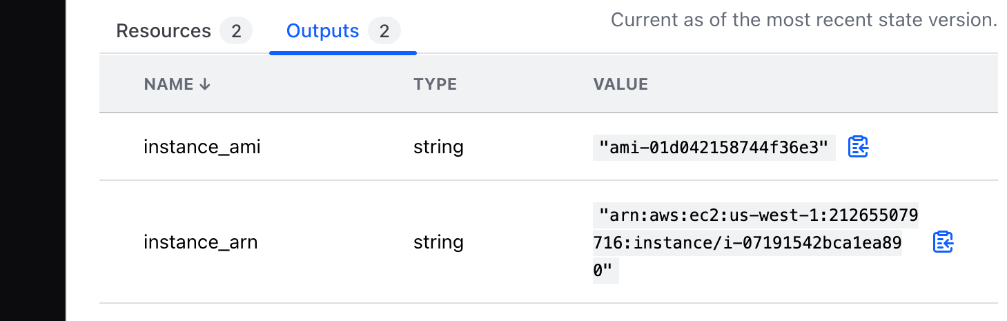 Terraform Cloud workspace outputs table