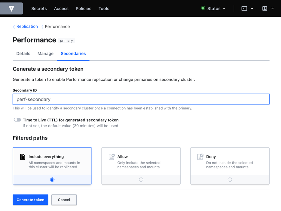 Generating a secondary token