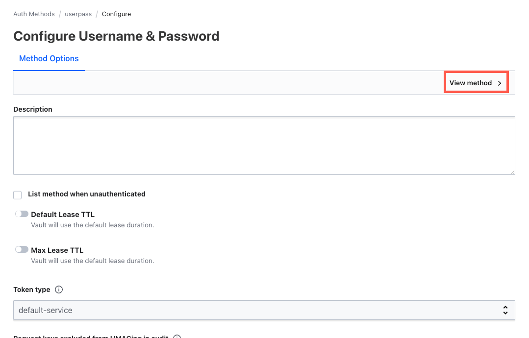 Vault UI showing username and password auth method options with the view
method link highlighted