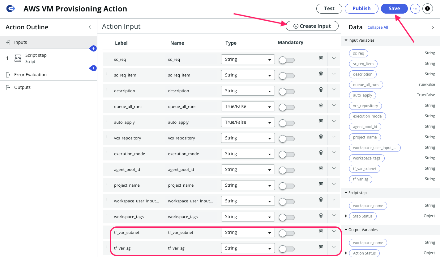 Screenshot of adding ServiceNow Action Input Variables Screenshot: ServiceNow Add Variables To Action