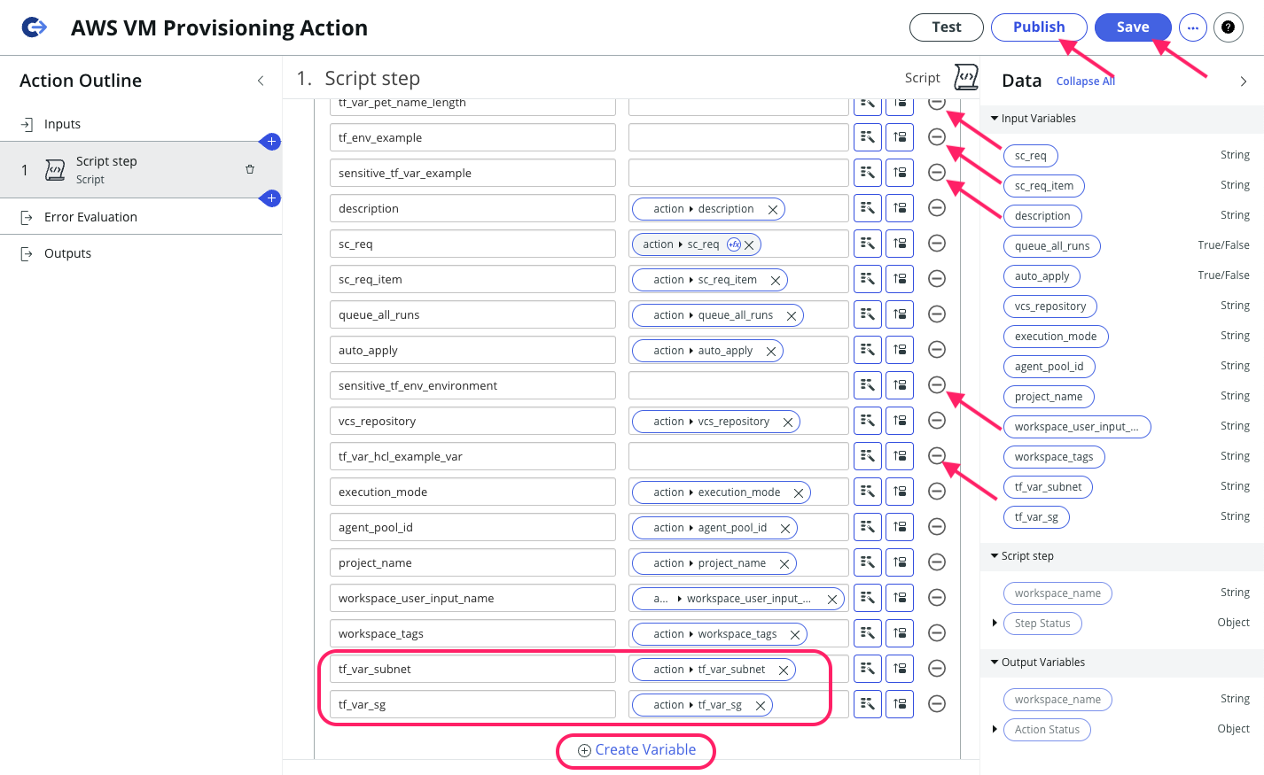 Screenshot of adjusting ServiceNow Action Script Variables Screenshot: ServiceNow Add Script Step Variables To Action