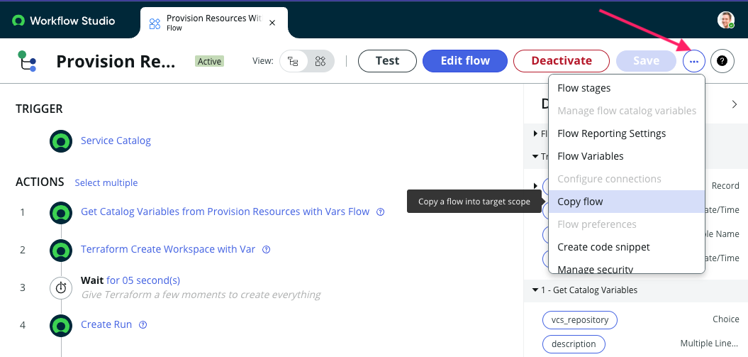 Screenshot of the ServiceNow Flow Designer – copying a Flow Screenshot: ServiceNow Copy Flow Interface