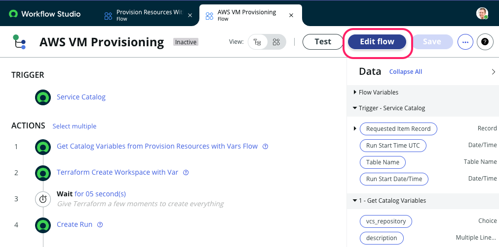 Screenshot of the ServiceNow Flow Designer – editing a Flow Screenshot: ServiceNow Edit New Flow Interface