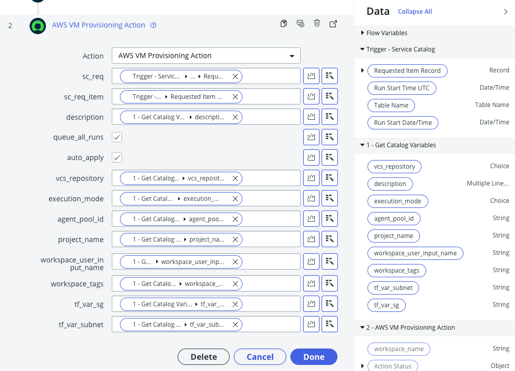 Screenshot of filling out ServiceNow Action variables Screenshot: ServiceNow Fill Variables for Action