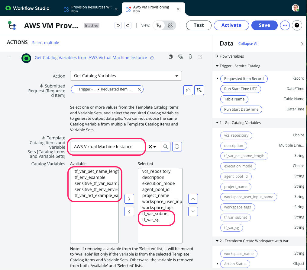 Screenshot of the ServiceNow Flow Designer – getting Variables step Screenshot: ServiceNow Get Variables Flow Step