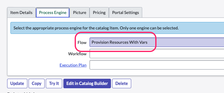 Screenshot of the ServiceNow Configure Catalog Item – Process Engine tab Screenshot: ServiceNow Process Engine