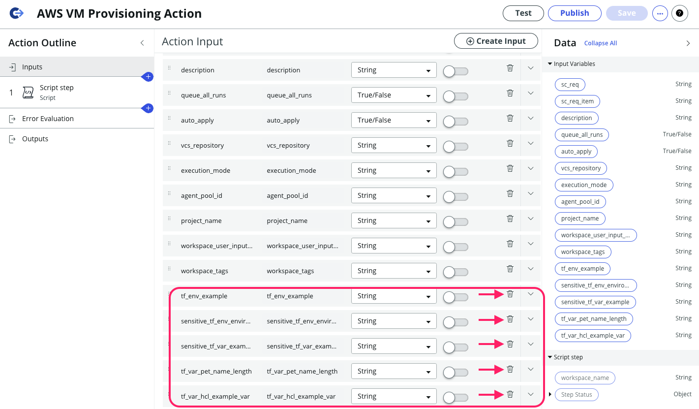 Screenshot of the ServiceNow Action Input Variables Screenshot: ServiceNow Remove Variables From Action