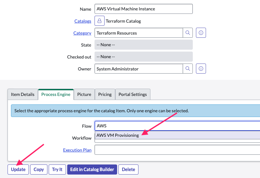 Screenshot of updating Process Engine for the Catalog Item Screenshot: ServiceNow Update Process Engine