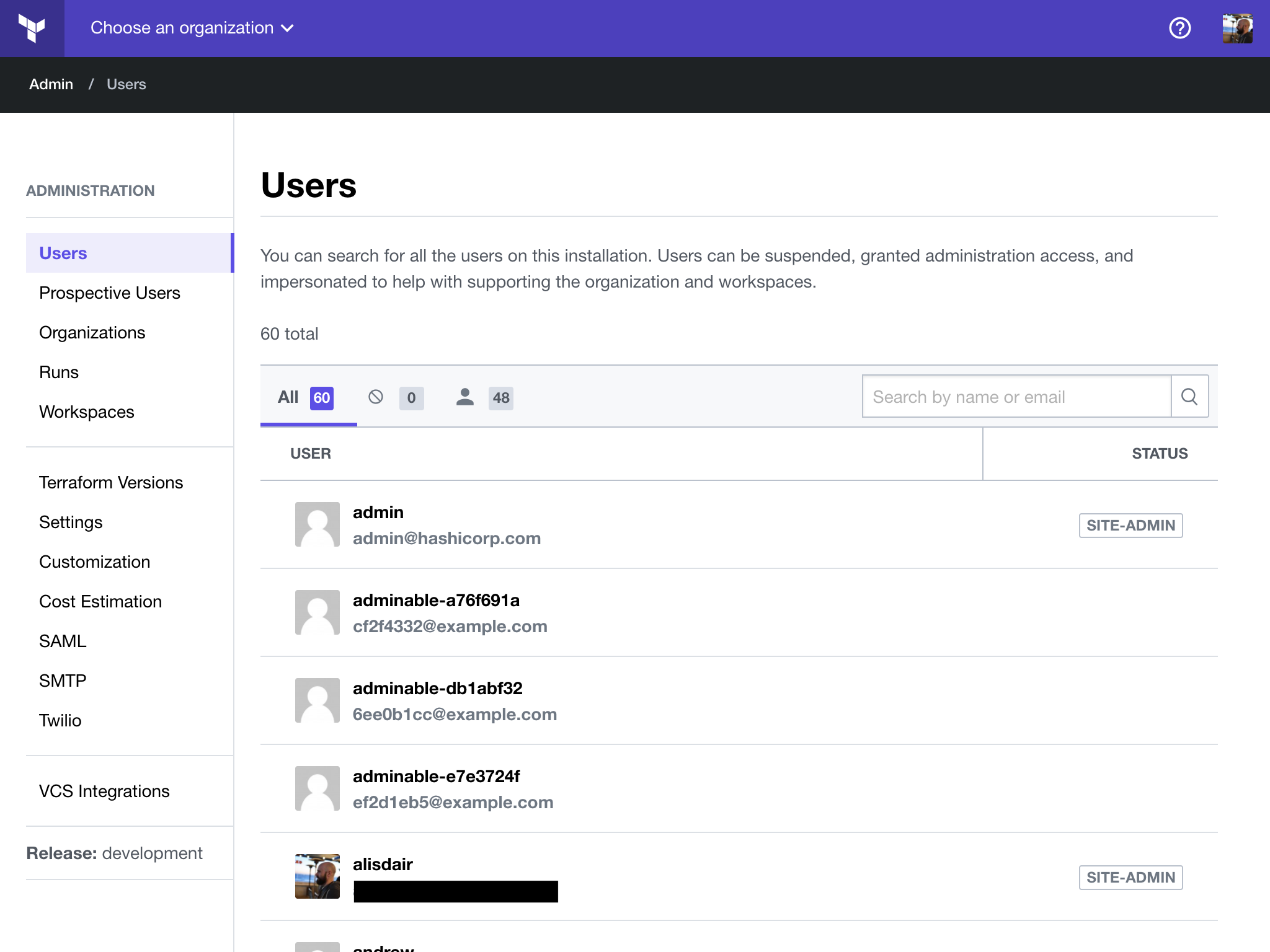 screenshot: the user management page, with the site administration navigation list on the left side
