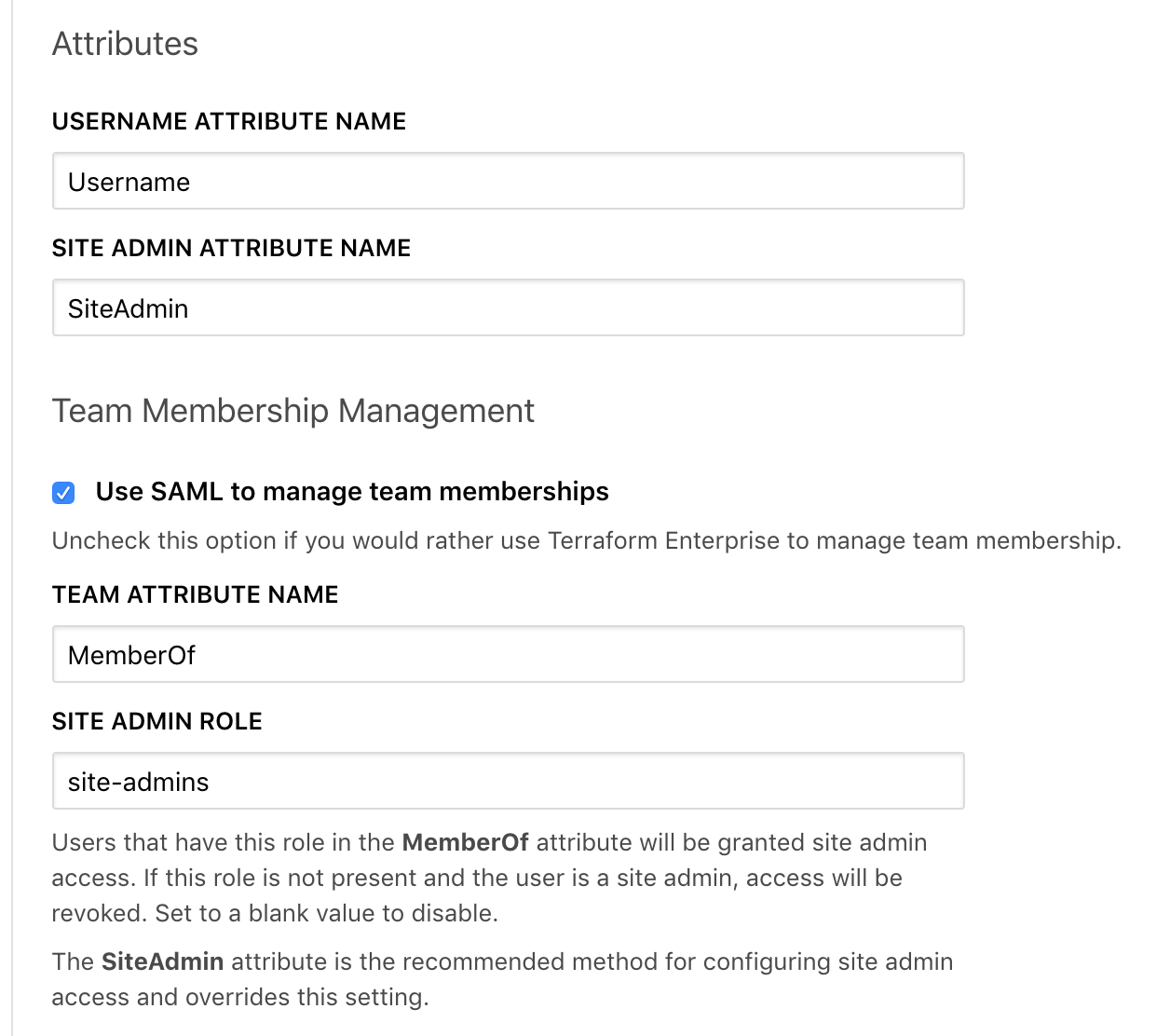 Screenshot: the Terraform Enterprise SAML team membership checkbox