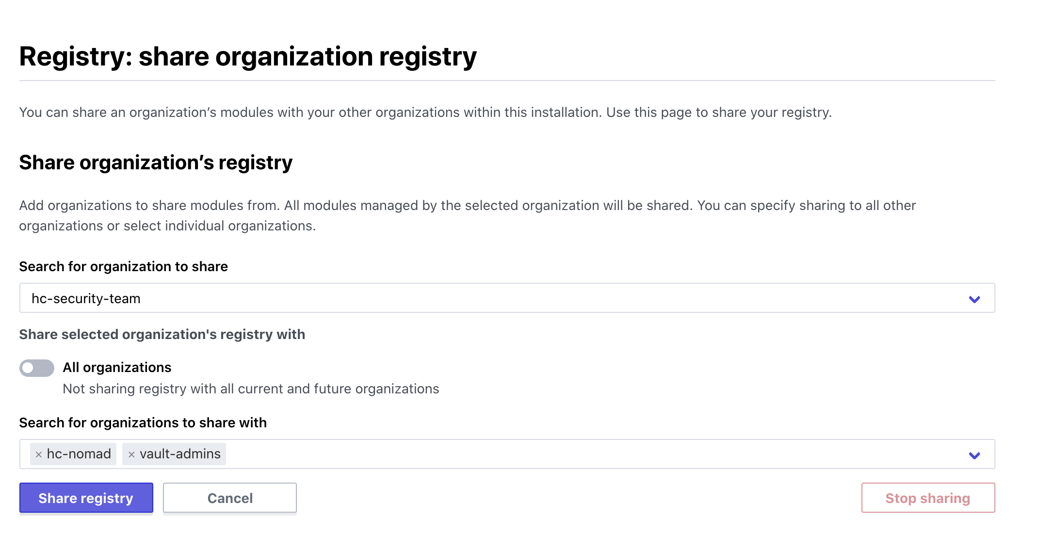 screenshot: manage shared registry page with module partnership sharing enabled