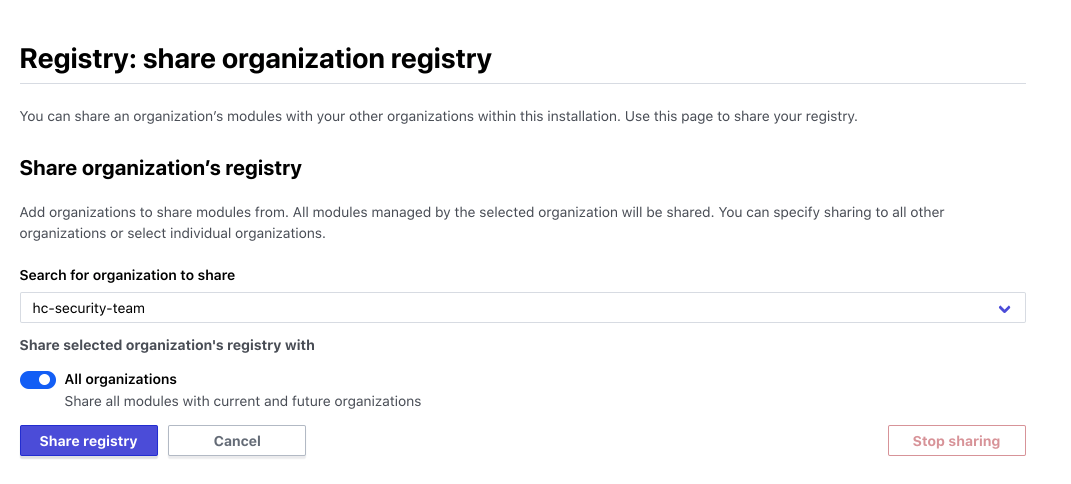 screenshot: manage shared registry page with global sharing enabled