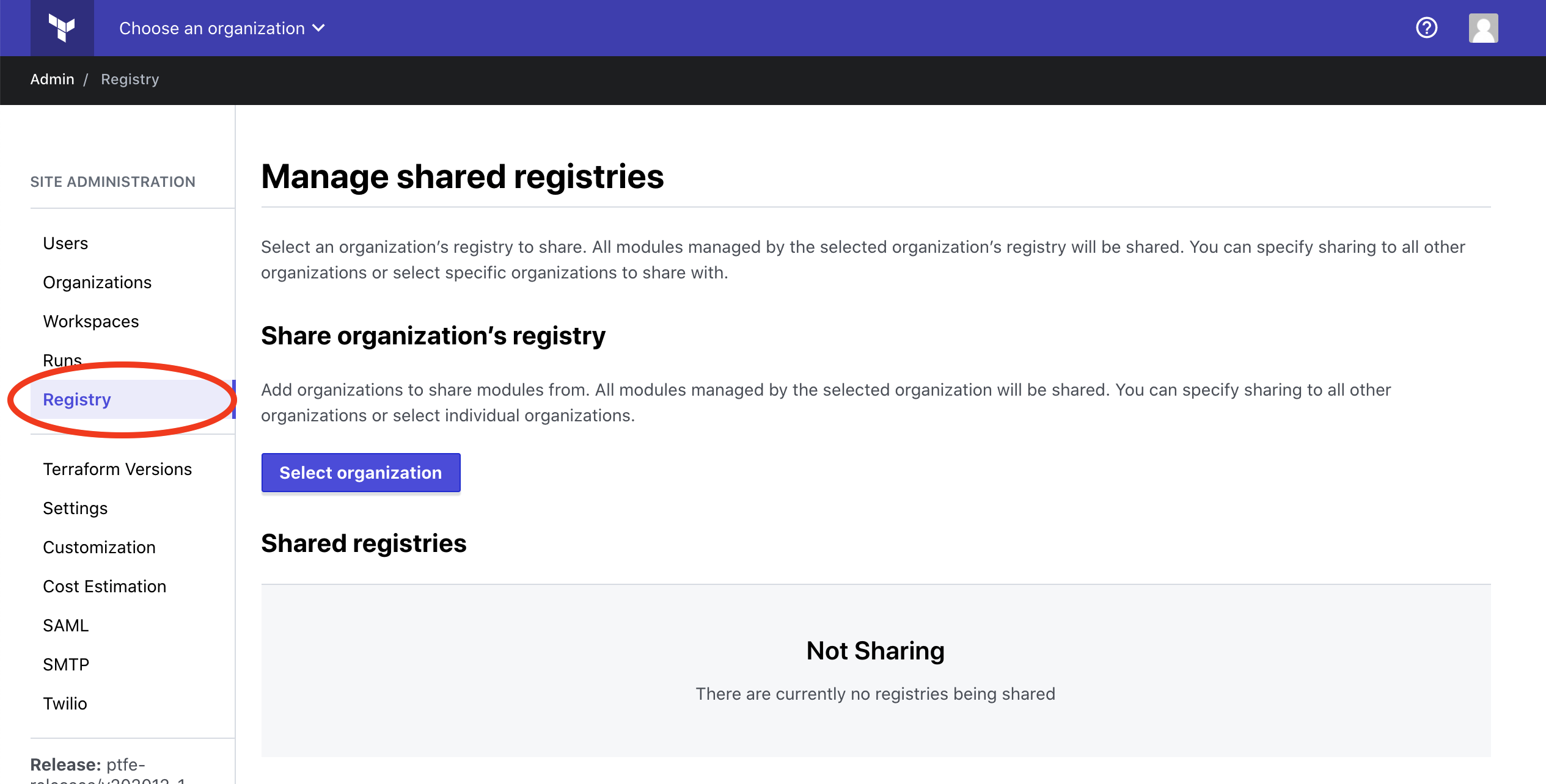 screenshot: the Registry admin page