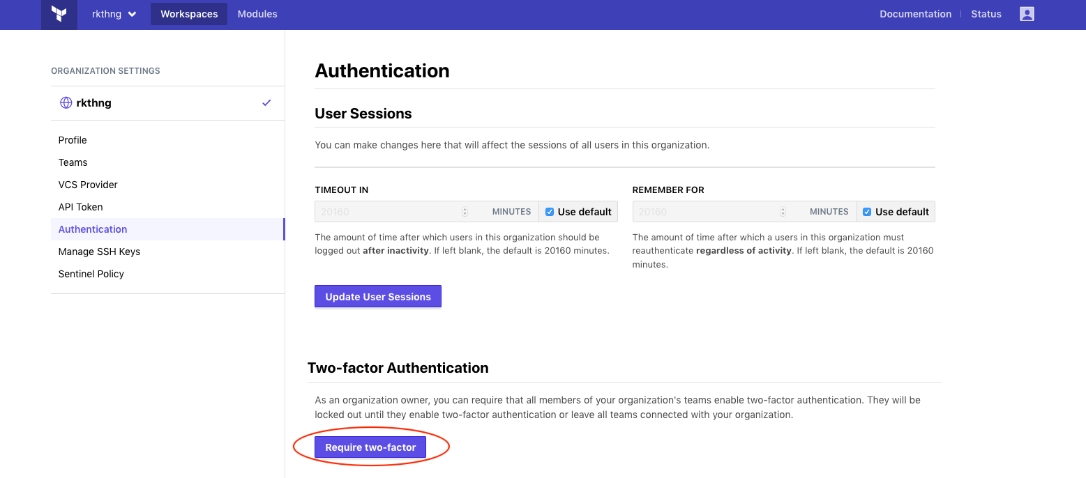 The two-factor authentication button for organization 2fa enforcement