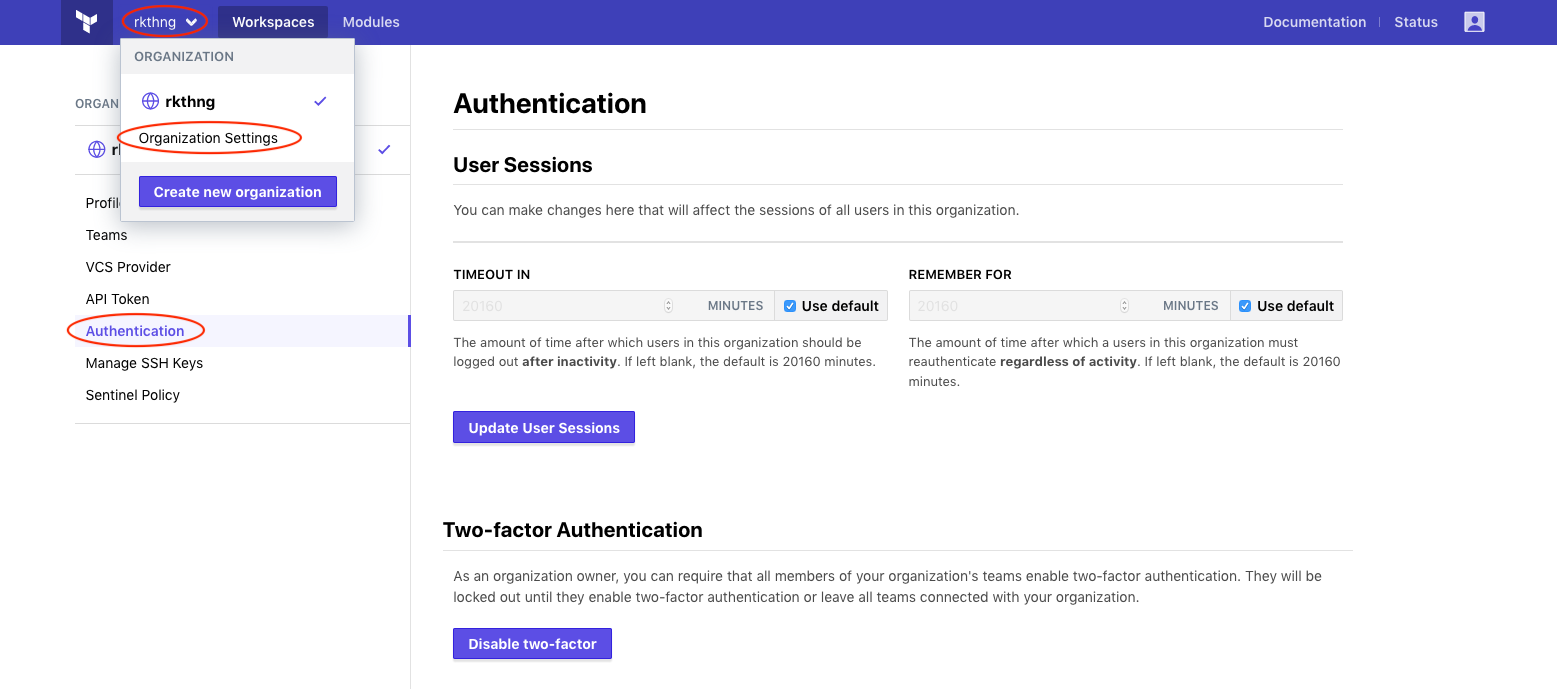 The two-factor authentication organization settings