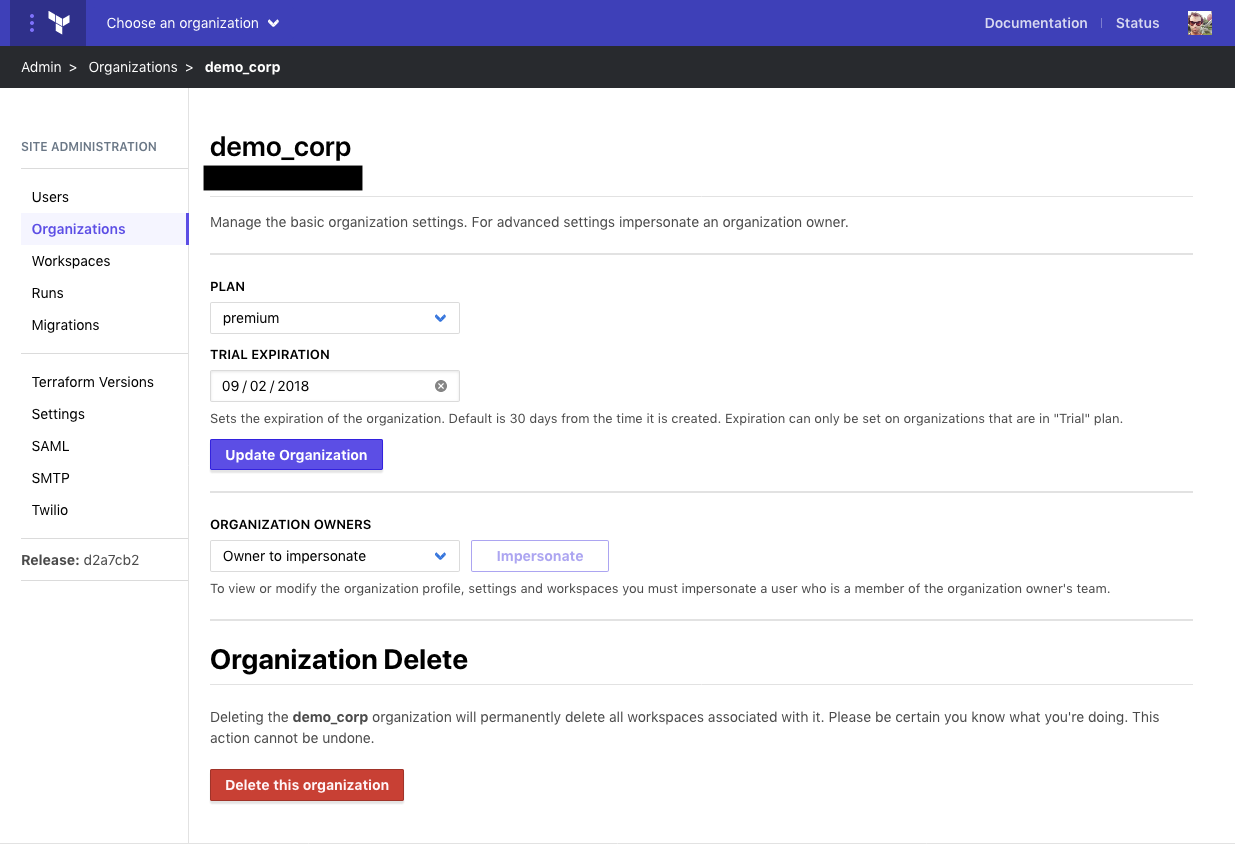 screenshot: an organization details admin page