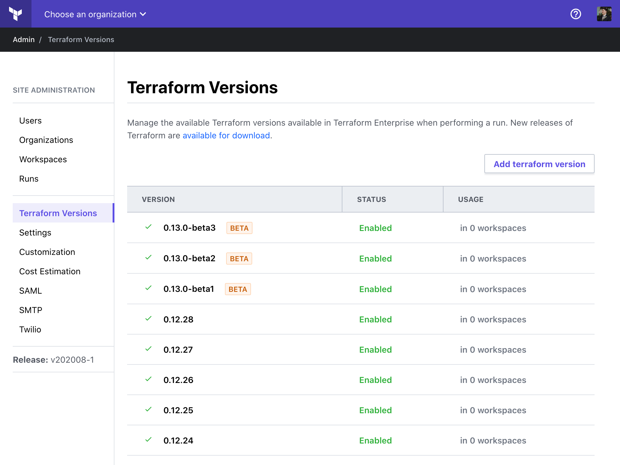 screenshot: the Terraform Versions admin page