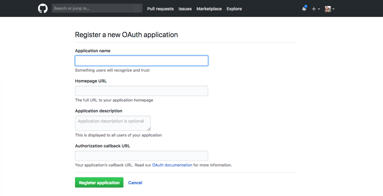 GitHub screenshot: New OAuth application fields