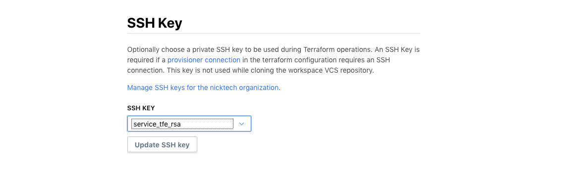Terraform Cloud screenshot: the SSH key dropdown menu