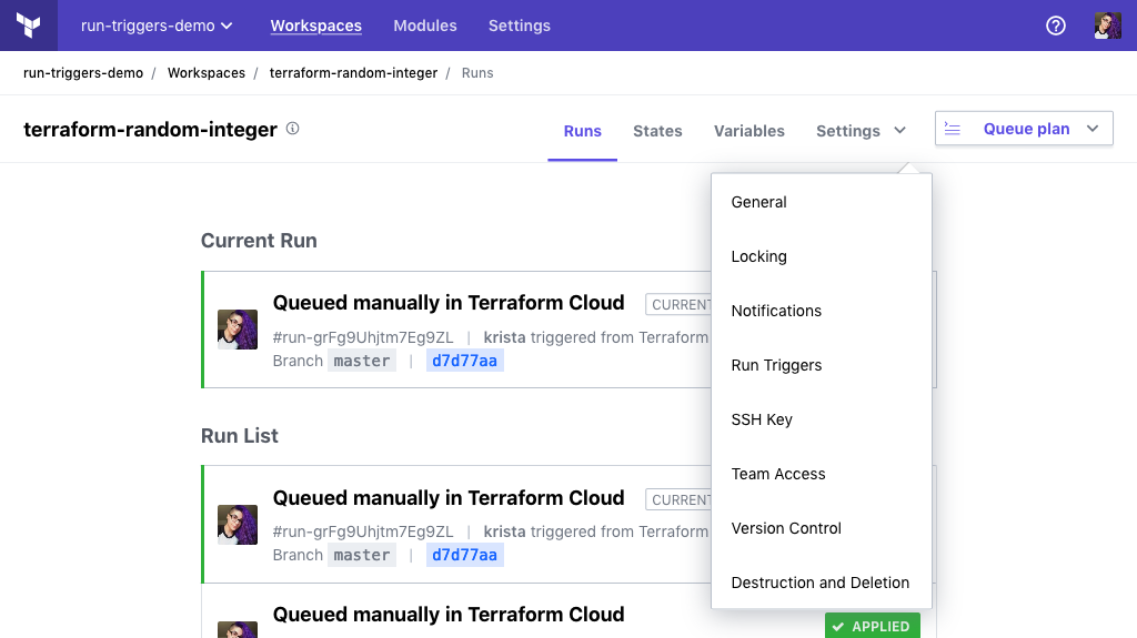 Terraform Cloud screenshot: the settings menu on a workspace's page