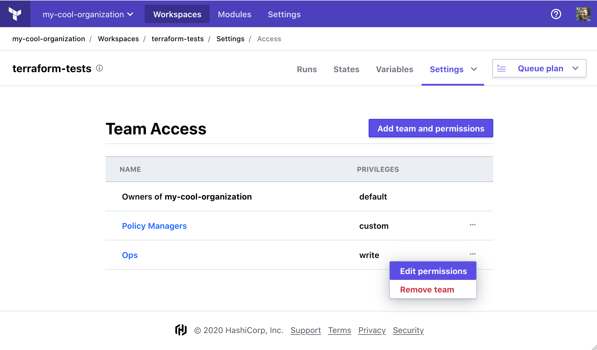 Screenshot: a workspace's access settings page