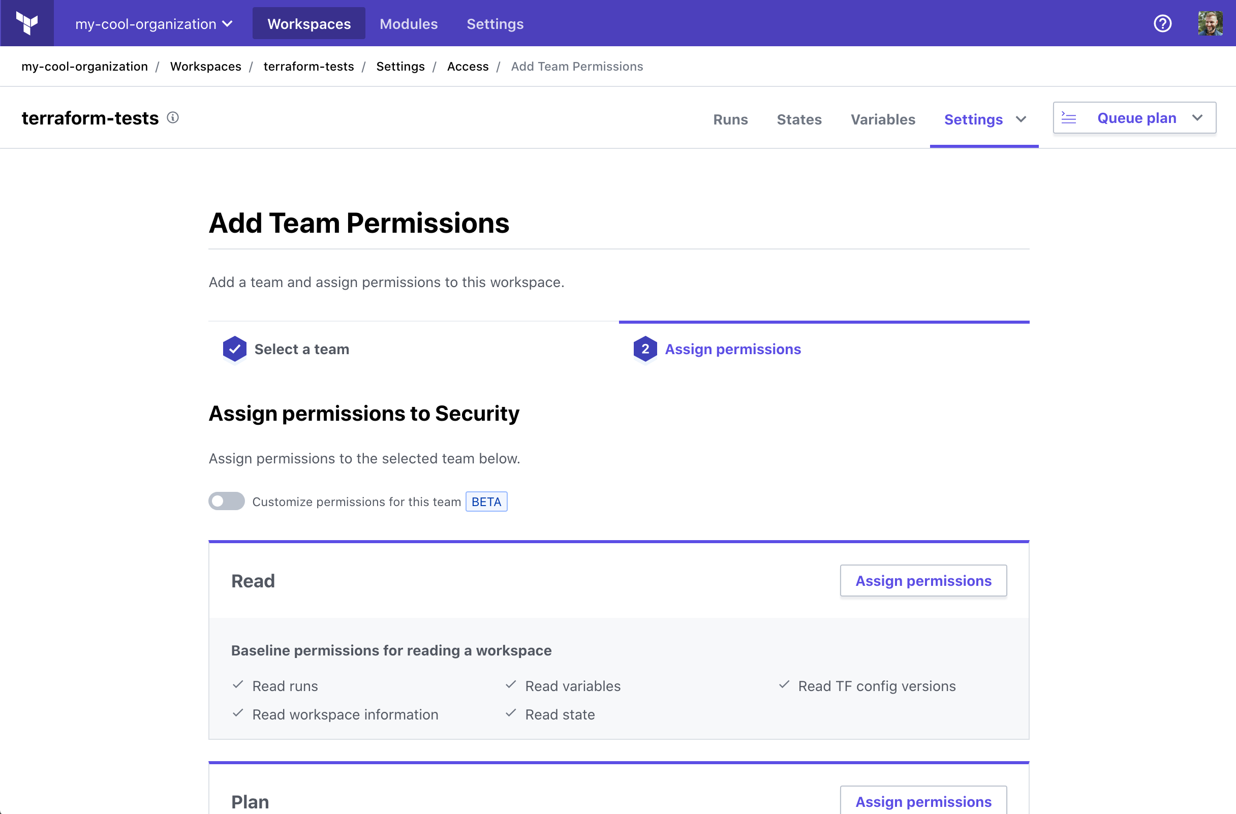 Screenshot: adding team permissions