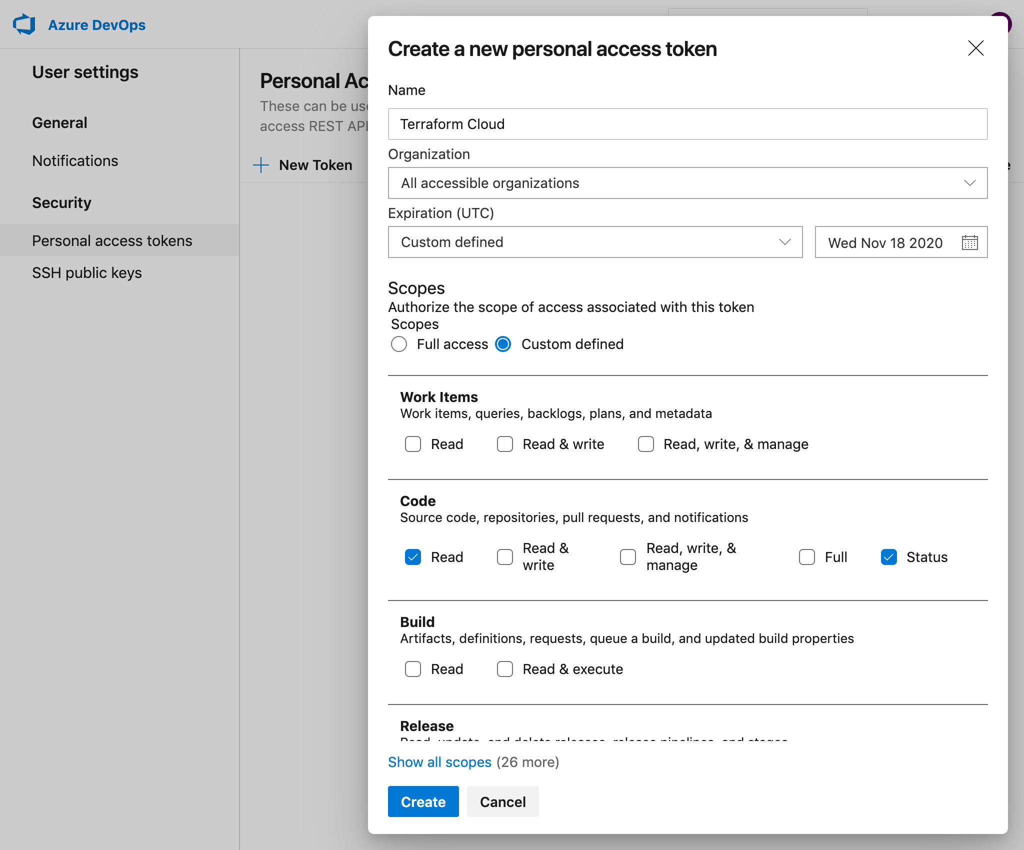 Azure DevOps Server Screenshot: Creating a new personal access token in your Azure DevOps Server Profile
