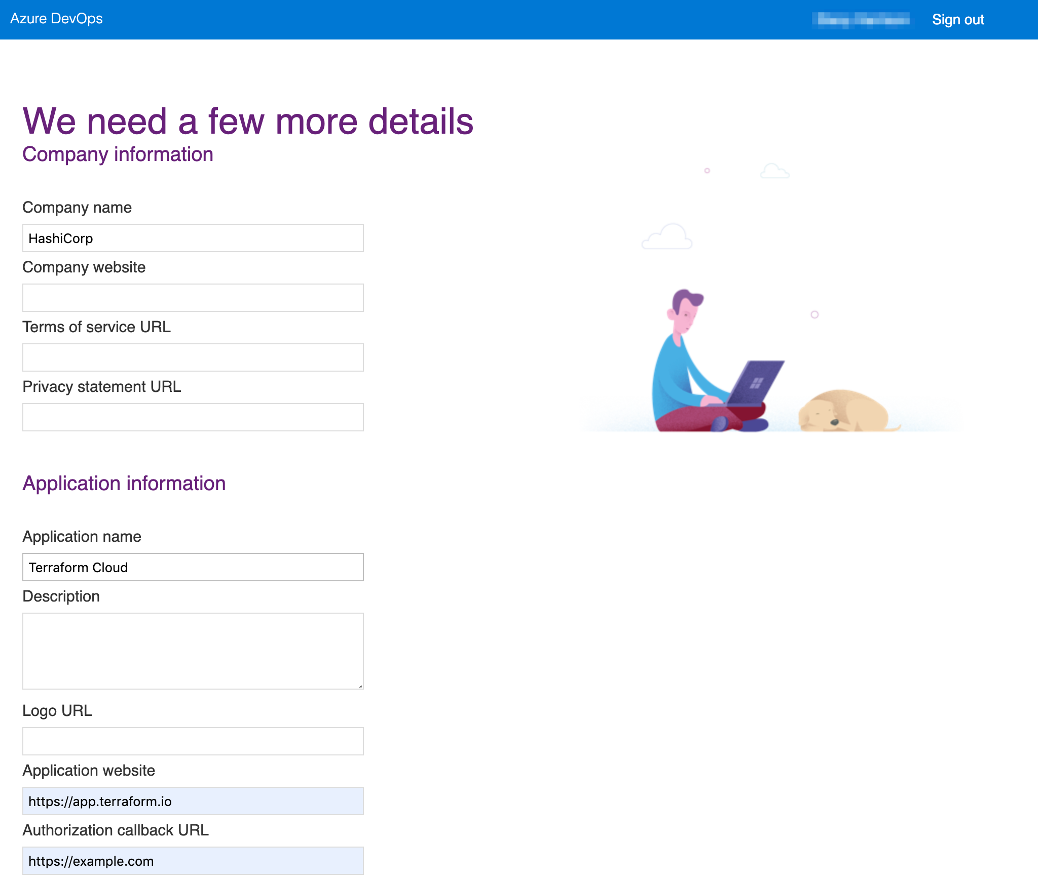 Azure DevOps Services Screenshot: Creating a new application in your Azure DevOps Services Profile