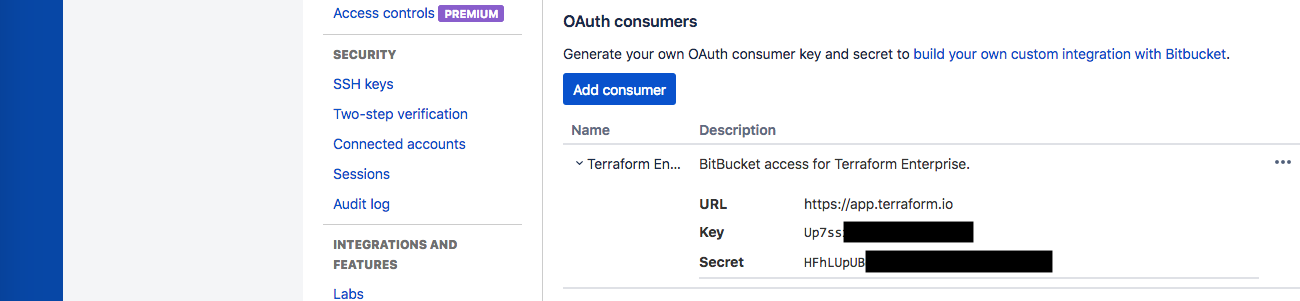 Bitbucket Cloud screenshot: OAuth consumer with key and secret revealed