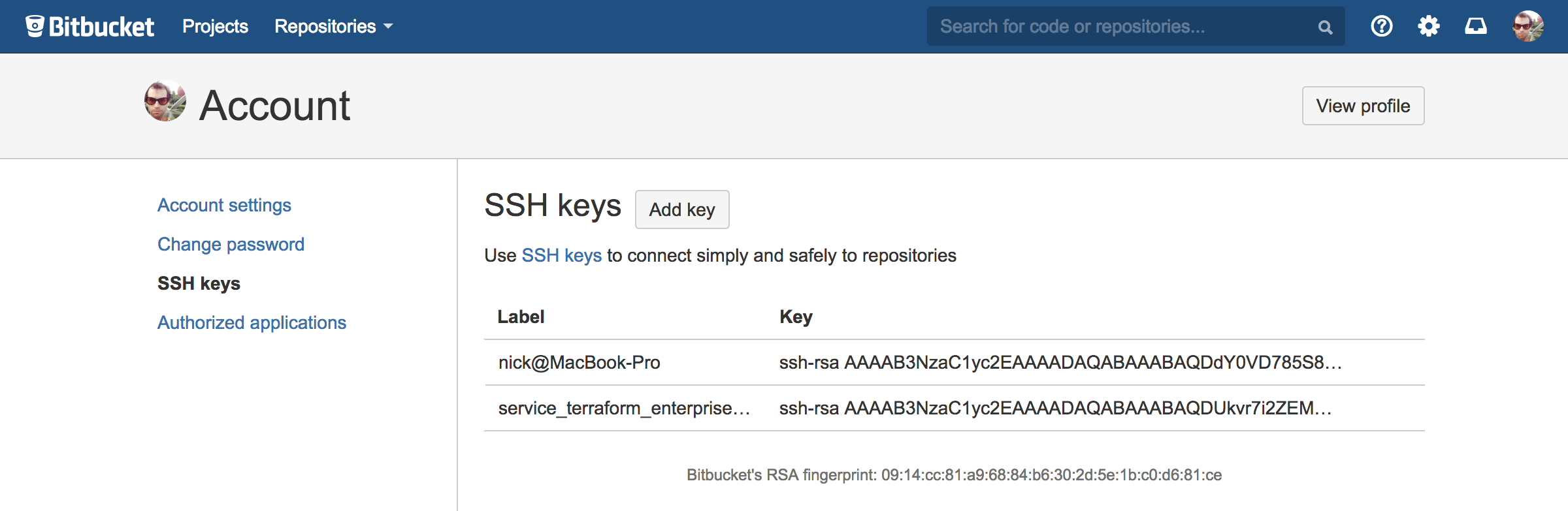 Bitbucket Server screenshot: the SSH keys page
