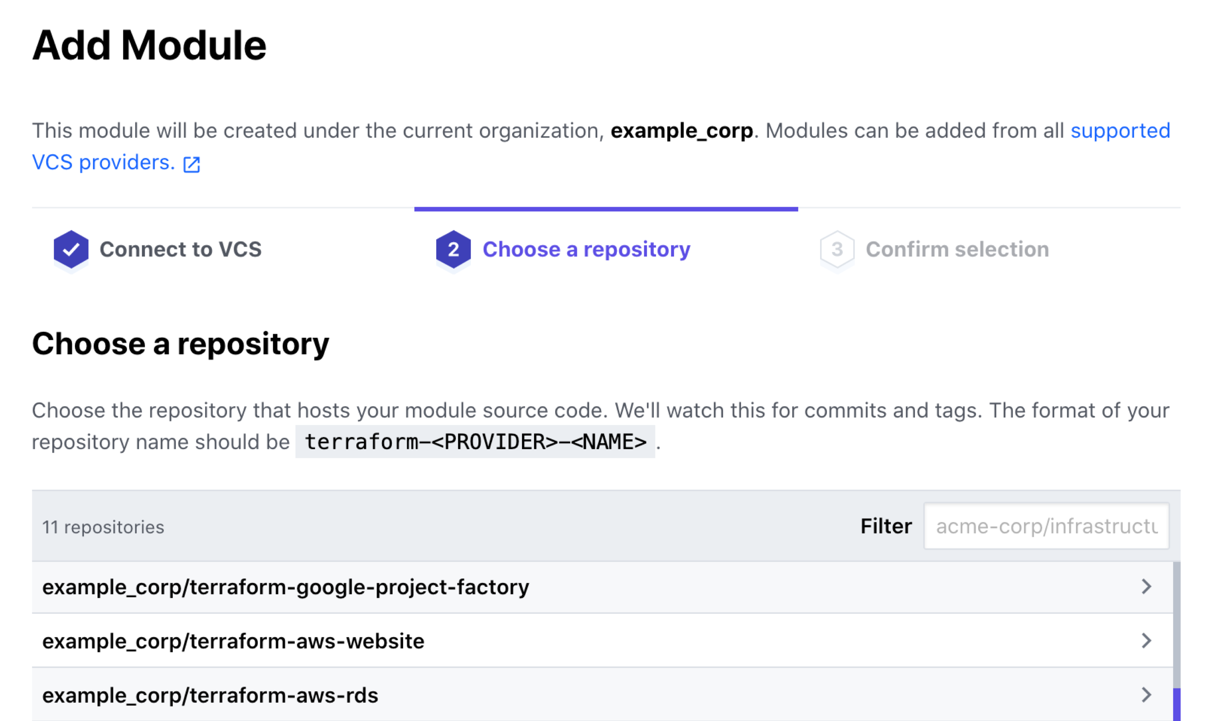 Terraform Cloud screenshot: the "add module" page, with a repository name entered