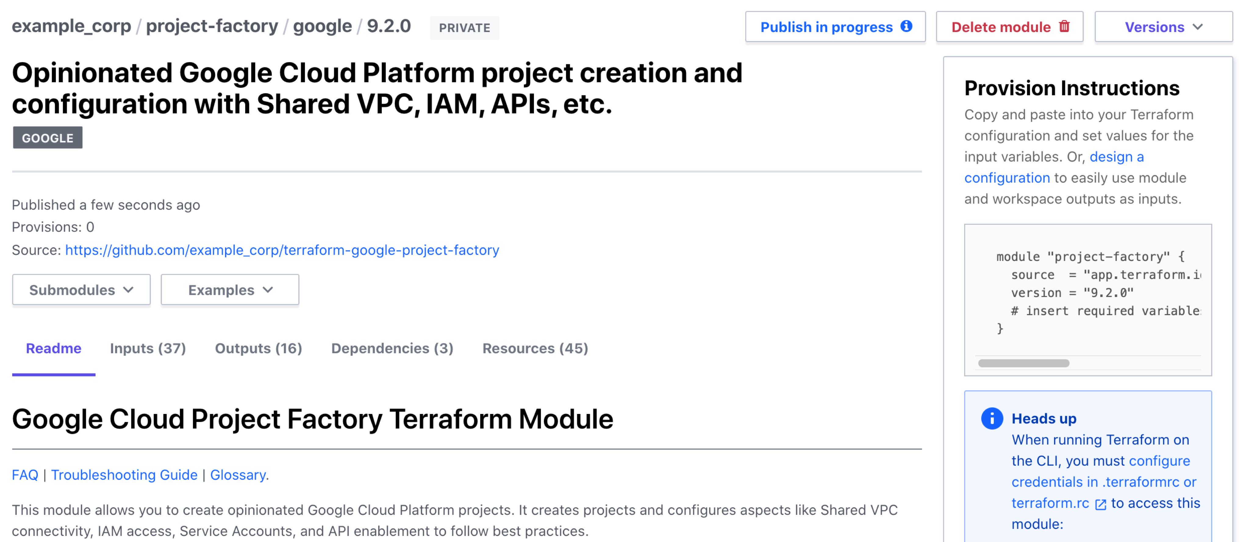 Terraform Cloud screenshot: a module details page
