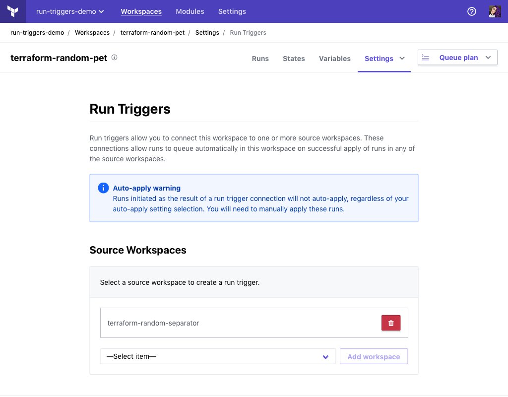 Screenshot: a workspace's run triggers settings page