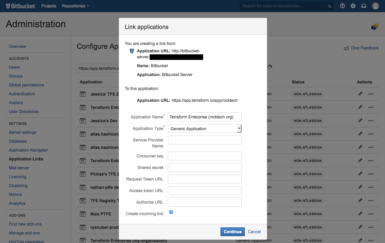 Bitbucket Server screenshot: filling the first page of the link applications form