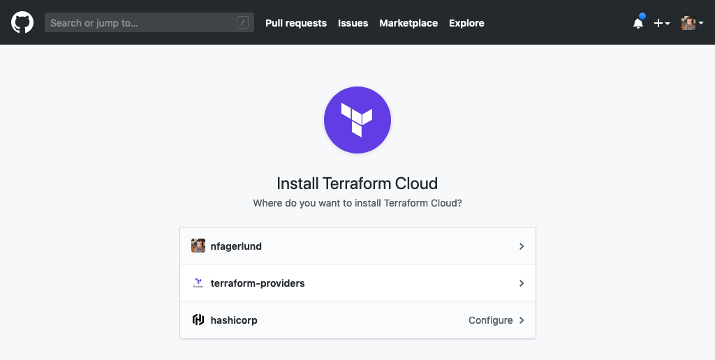 Screenshot: GitHub asking which organization or account to install the Terraform Cloud app for