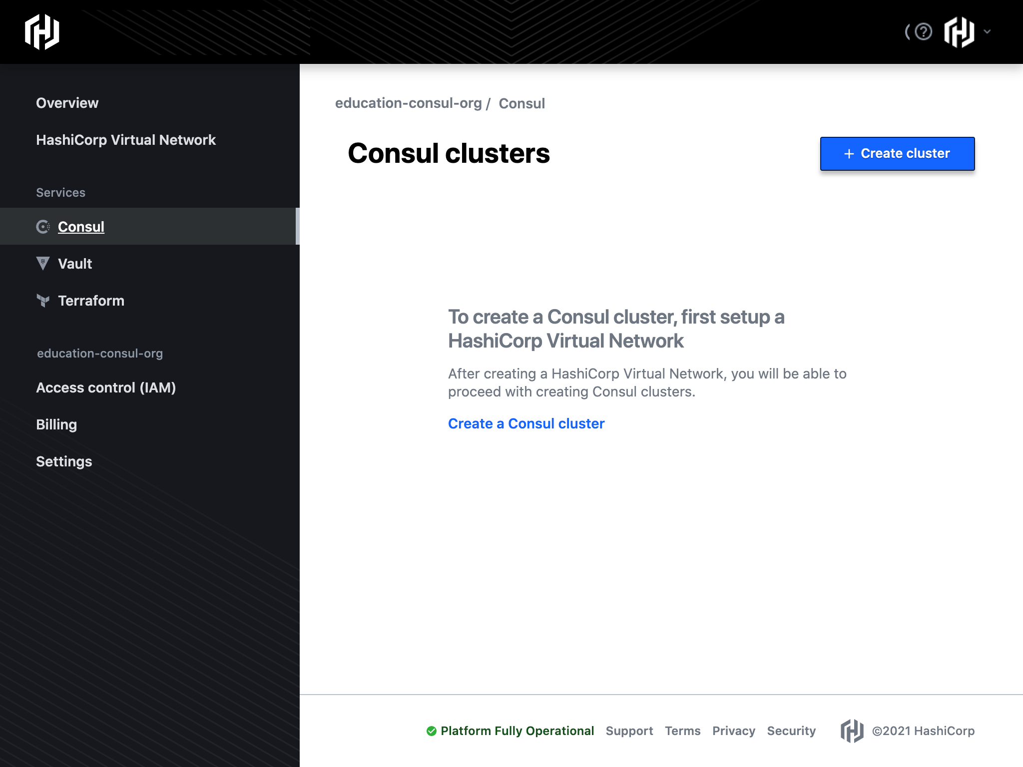 Arrow pointing to the Consul cluster create button