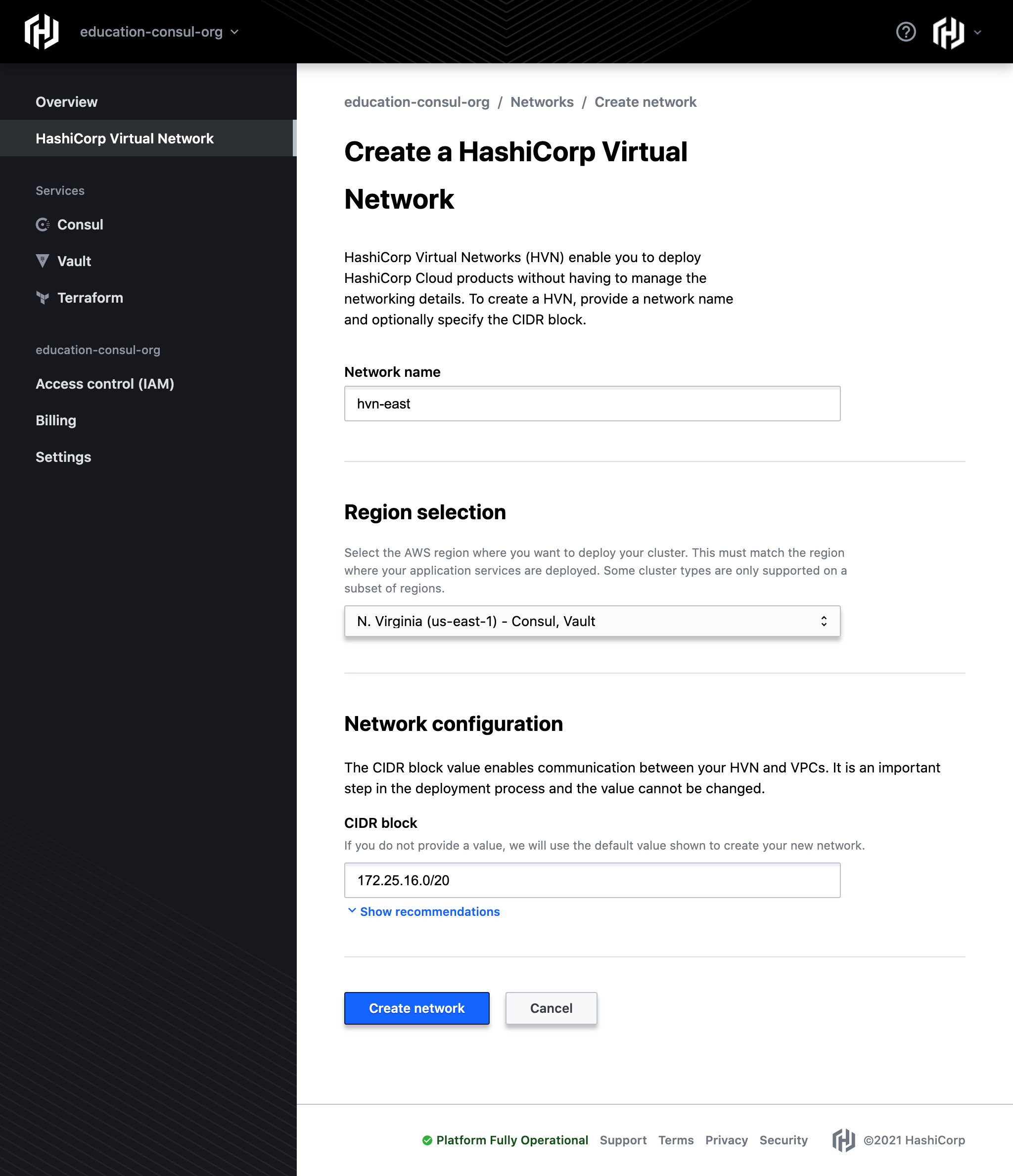 The HVN creation page with input fields highlighted